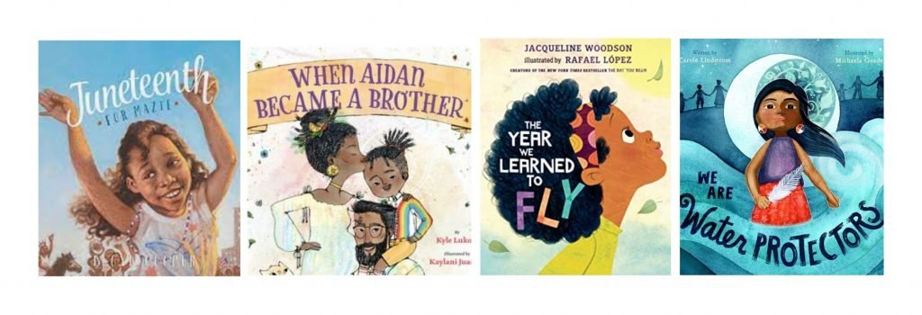 Bring the Cool! Honoring Juneteenth with Brooklyn Museum 6 Four book covers lined up next to each other: Juneteenth for Mazie, When Aidan Became A Brother, The Year We Learned To Fly, and We Are Water Protectors.