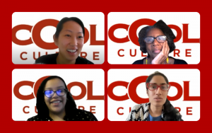 Four zoom screenshots of staff members with Cool Culture logos in their background.