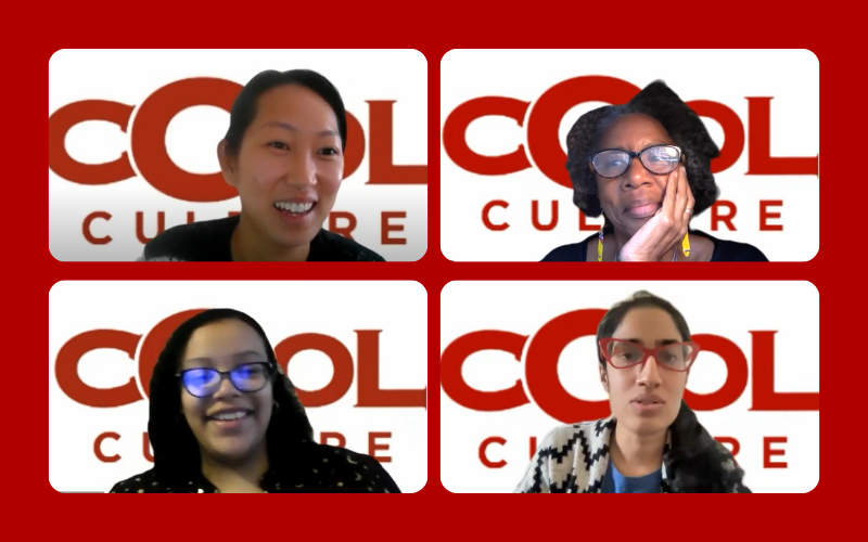 Four zoom screenshots of staff members with Cool Culture logos in their background.
